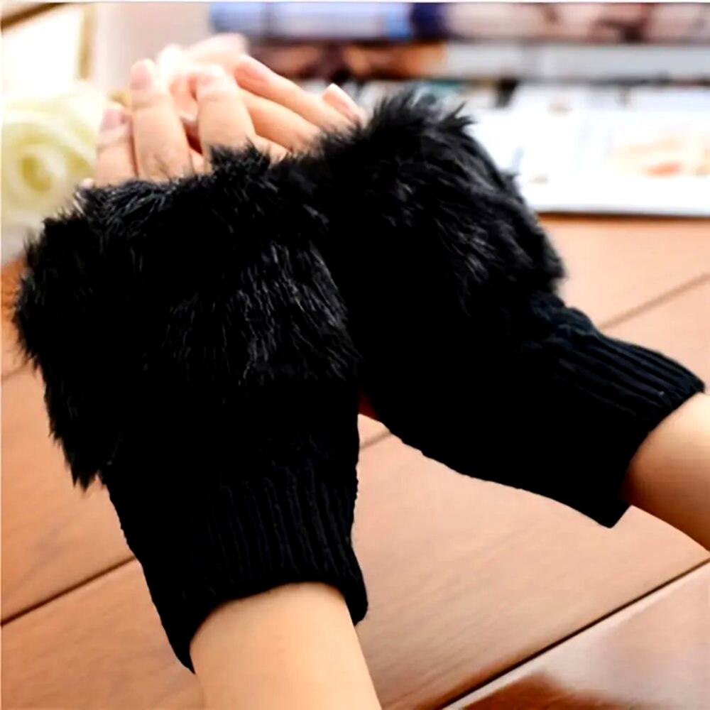 Plush Warm Ribbed Knitted Fingerless Gloves Great for Phone Black